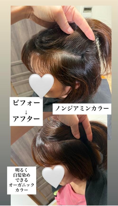 ノンジアミンカラーで白髪染めをしたお客様の、かき上げたときの根元。施術前（上）と施術後（下）