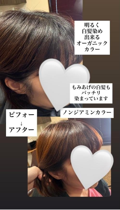 ノンジアミンカラーで白髪染めをしたお客様の、かき上げたときのもみあげ。施術前（上）と施術後（下）